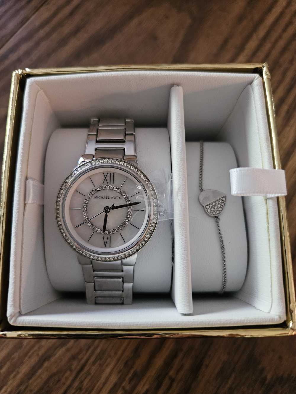 Michael Kors Silver Crystal-Accented Watch with Matching Heart Charm Bracelet